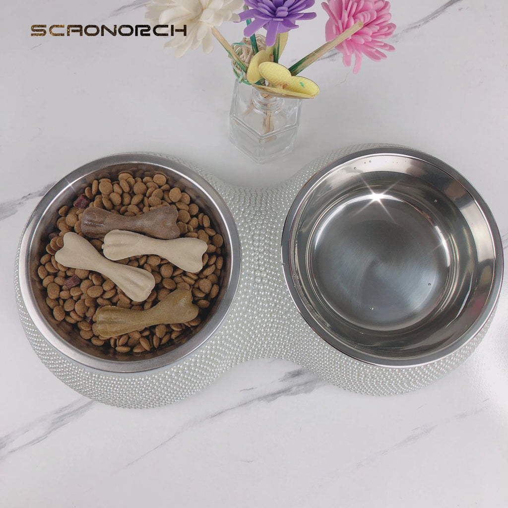 Bling Pet Cat Dog Bowl Sparkling Crystal Rhinestones Stainless Steel Double Dog Cat Food Bowl Pet Supplies
