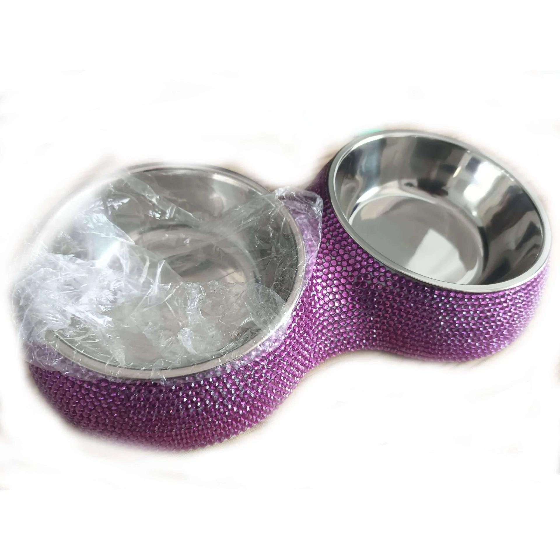 Bling Pet Cat Dog Bowl Sparkling Crystal Rhinestones Stainless Steel Double Dog Cat Food Bowl Pet Supplies