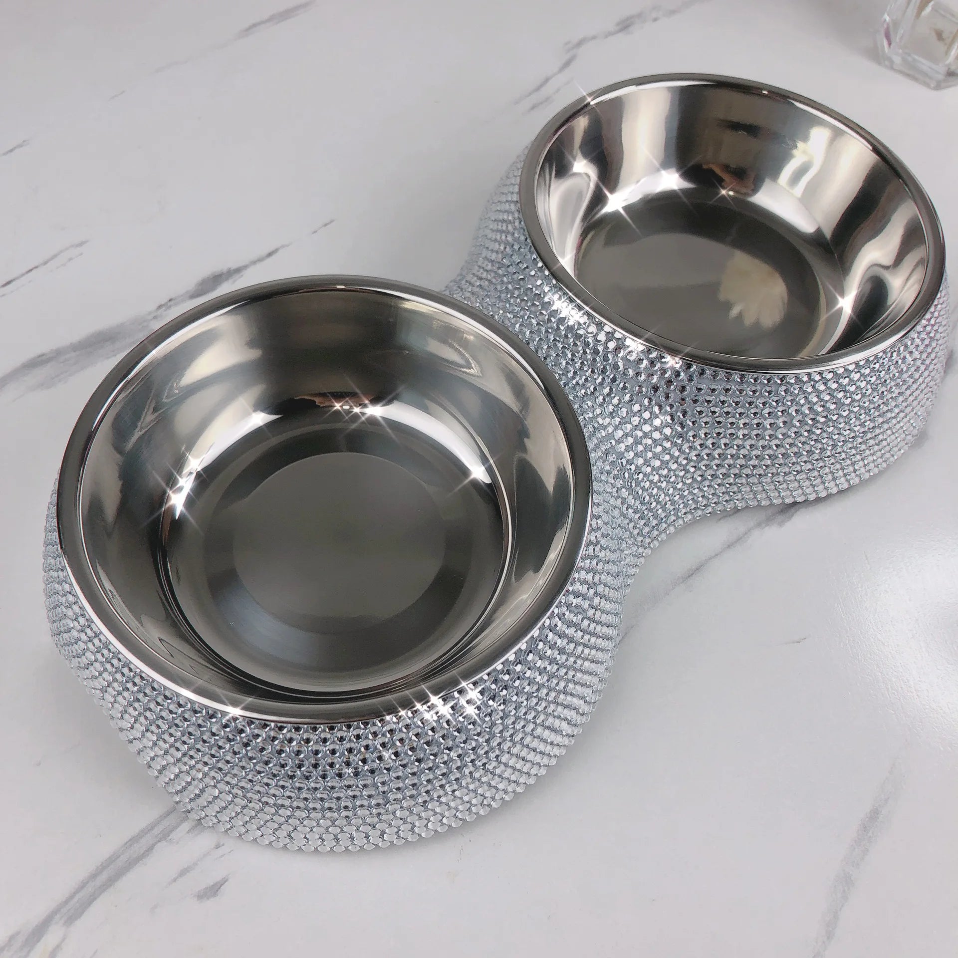 Bling Pet Cat Dog Bowl Sparkling Crystal Rhinestones Stainless Steel Double Dog Cat Food Bowl Pet Supplies