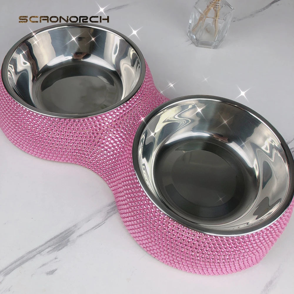 Bling Pet Cat Dog Bowl Sparkling Crystal Rhinestones Stainless Steel Double Dog Cat Food Bowl Pet Supplies