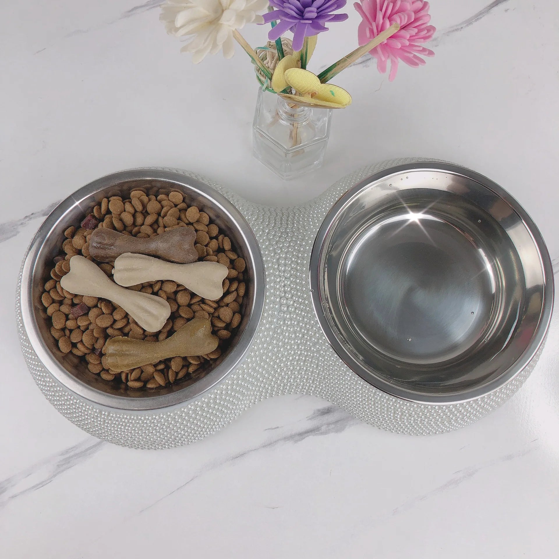 Bling Pet Cat Dog Bowl Sparkling Crystal Rhinestones Stainless Steel Double Dog Cat Food Bowl Pet Supplies