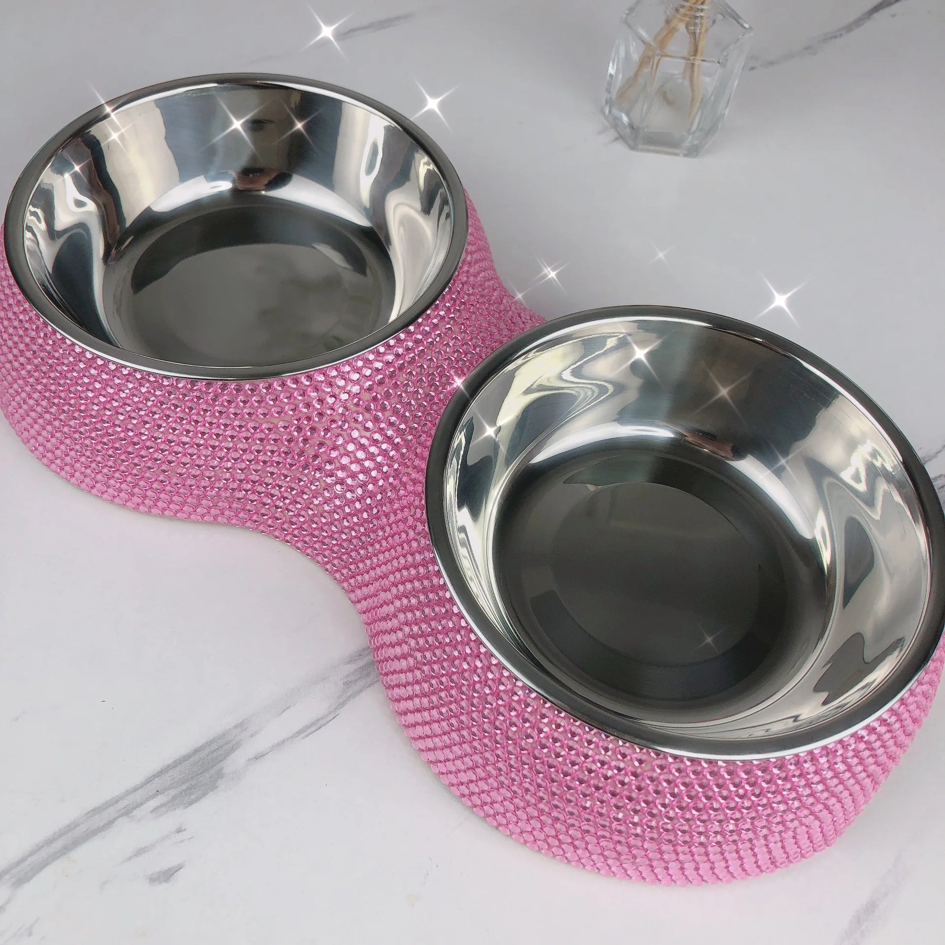 Bling Pet Cat Dog Bowl Sparkling Crystal Rhinestones Stainless Steel Double Dog Cat Food Bowl Pet Supplies