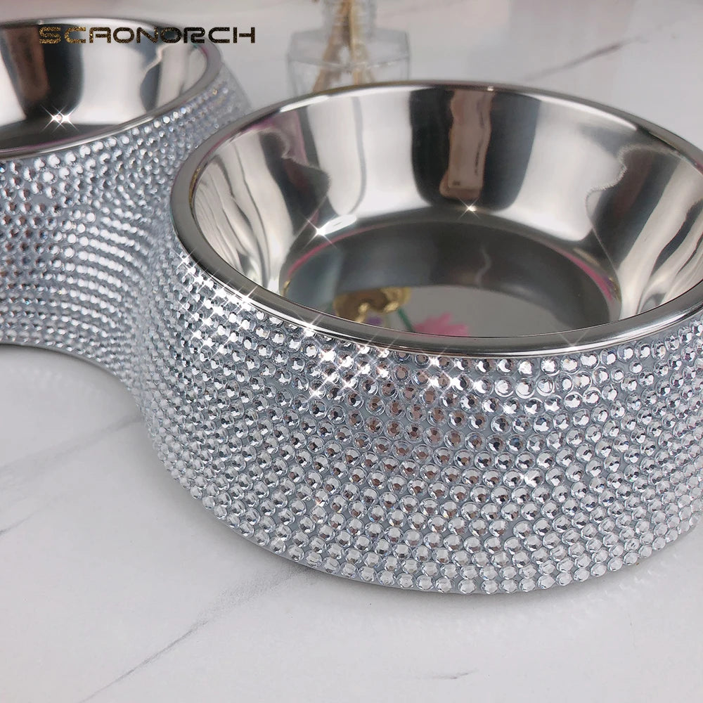 Bling Pet Cat Dog Bowl Sparkling Crystal Rhinestones Stainless Steel Double Dog Cat Food Bowl Pet Supplies