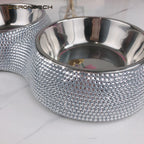 Bling Pet Cat Dog Bowl Sparkling Crystal Rhinestones Stainless Steel Double Dog Cat Food Bowl Pet Supplies