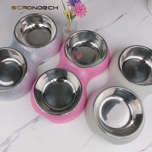 Bling Pet Cat Dog Bowl Sparkling Crystal Rhinestones Stainless Steel Double Dog Cat Food Bowl Pet Supplies