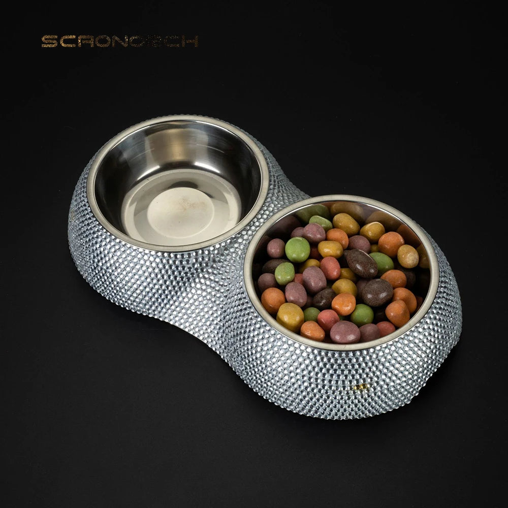 Bling Pet Cat Dog Bowl Sparkling Crystal Rhinestones Stainless Steel Double Dog Cat Food Bowl Pet Supplies
