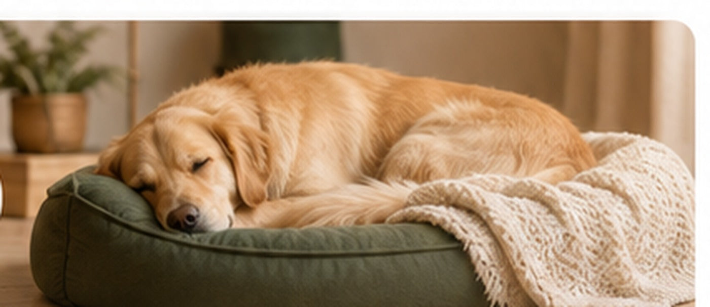 Dog resting comfortably in a pet bed